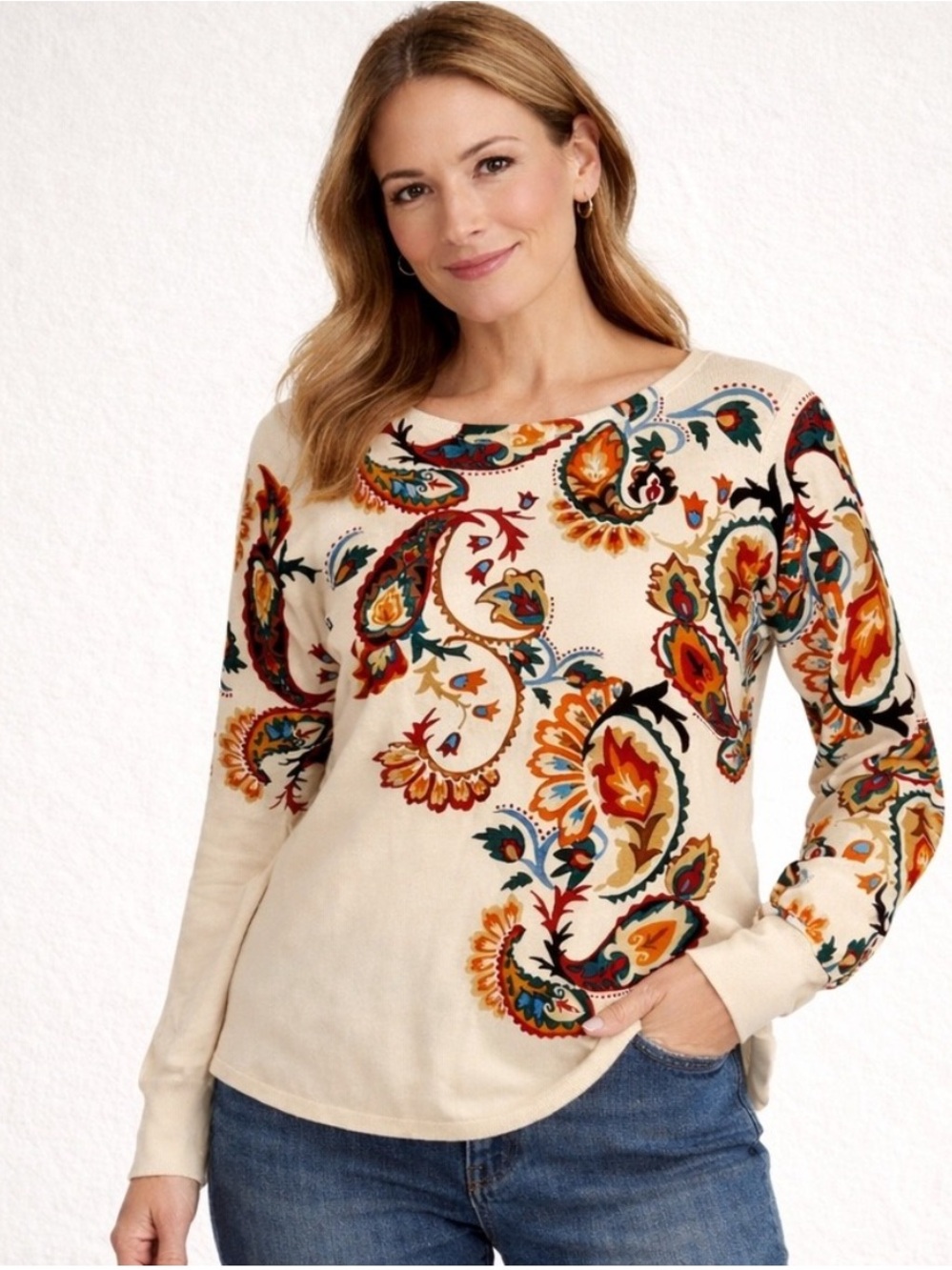 Chico's Cream Boho Paisley Print Thin Sweater Knit Top Chicos 0 / Small